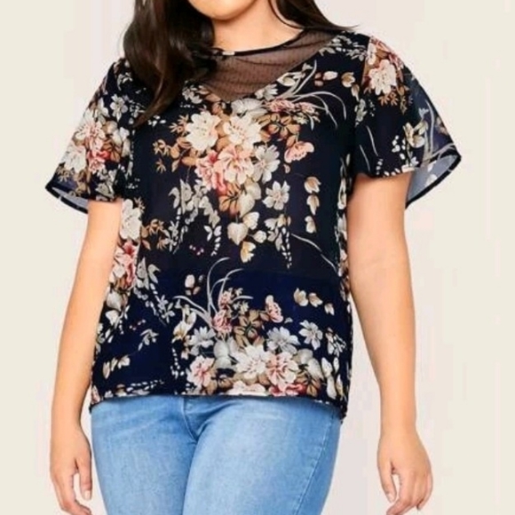 SHEIN Women's Mesh Insert Floral Print Tunic NWOT - Picture 2 of 8